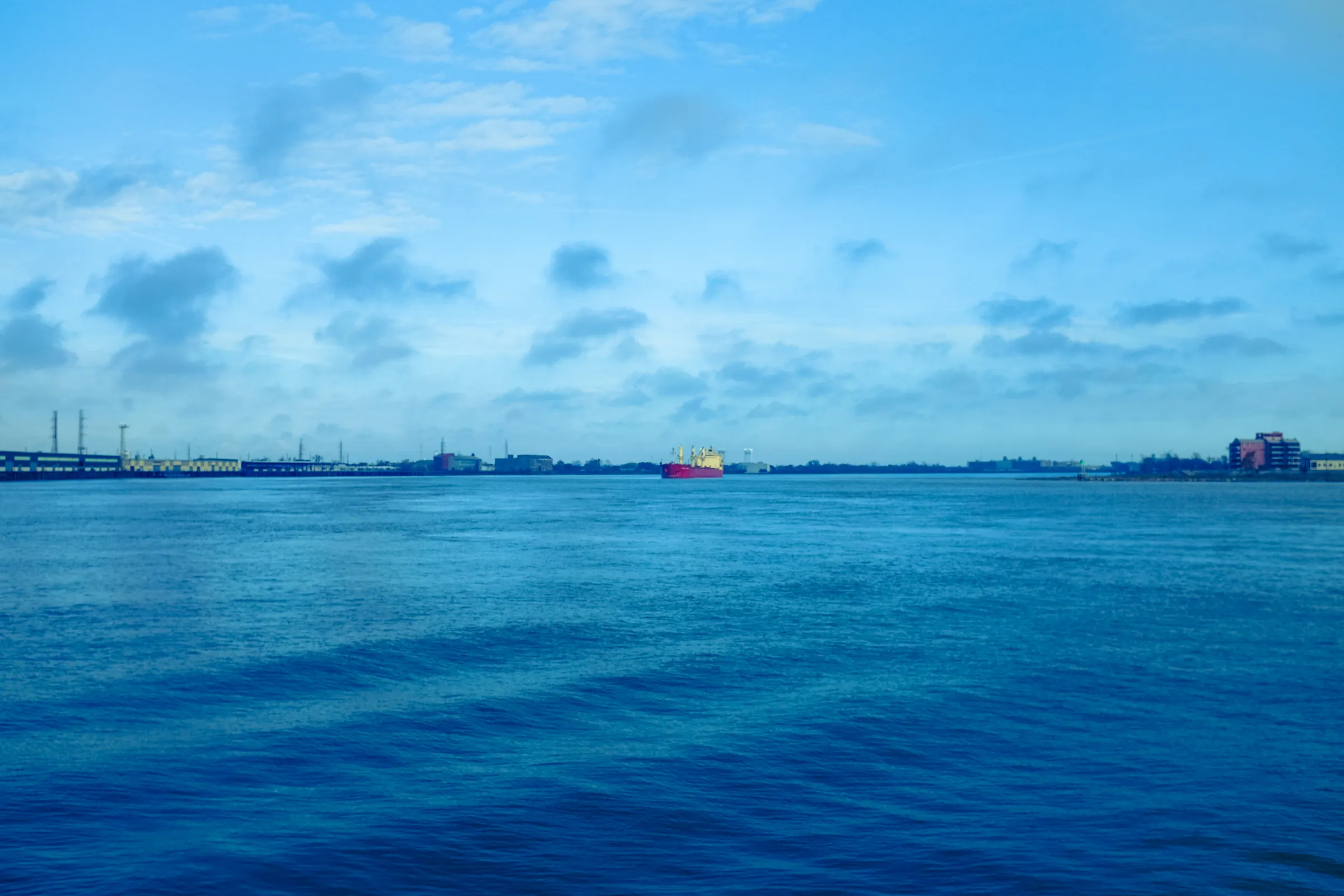 In the distance, a large ship with a red hull cuts through the blue-gray water under winter clouds.