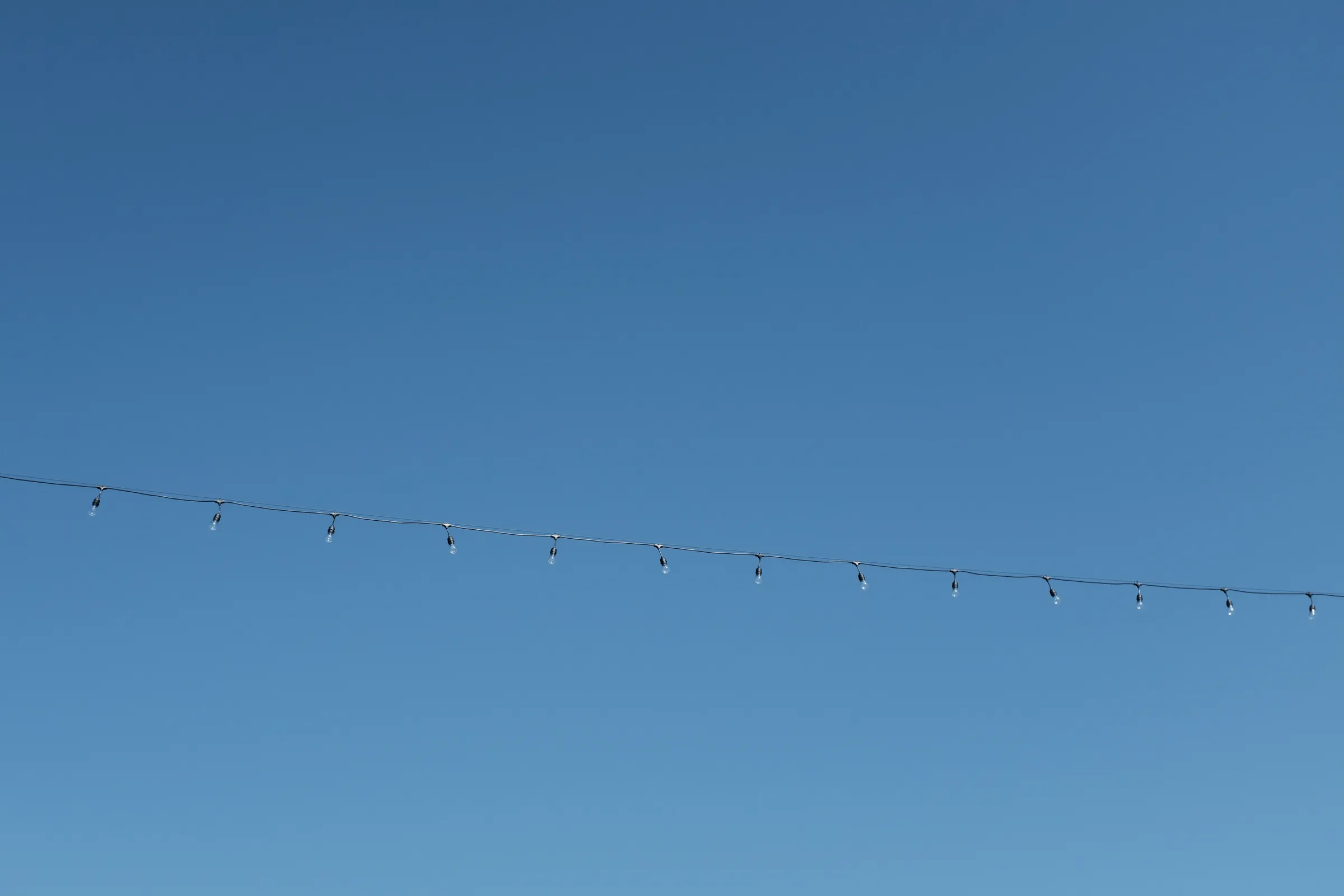 Small lights, suspended by a black cord, hang in front of a blue, spring sky.