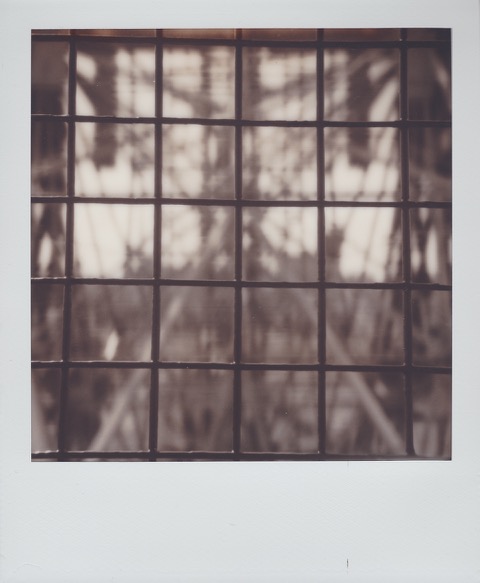 A monochrome Polaroid photograph of square, iron fence links. Out of focus, in the distance, the metal support structure of an eccentric Ferris wheel. Photo taken in Brooklyn, New York City, USA.